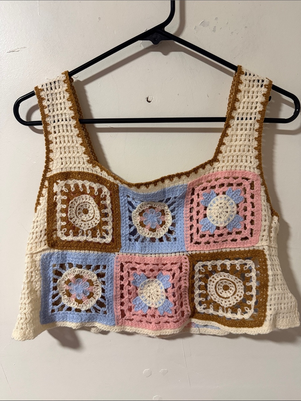 ADORA Cream Crochet Granny Square Tank Top with Pink, Blue & Brown Accents - Picture 1 of 3